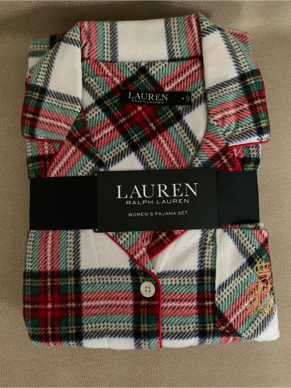 2 Piece NWT RALPH LAUREN Flannel Cream Red Plaid Notched-Collar Pajama Set Sz M